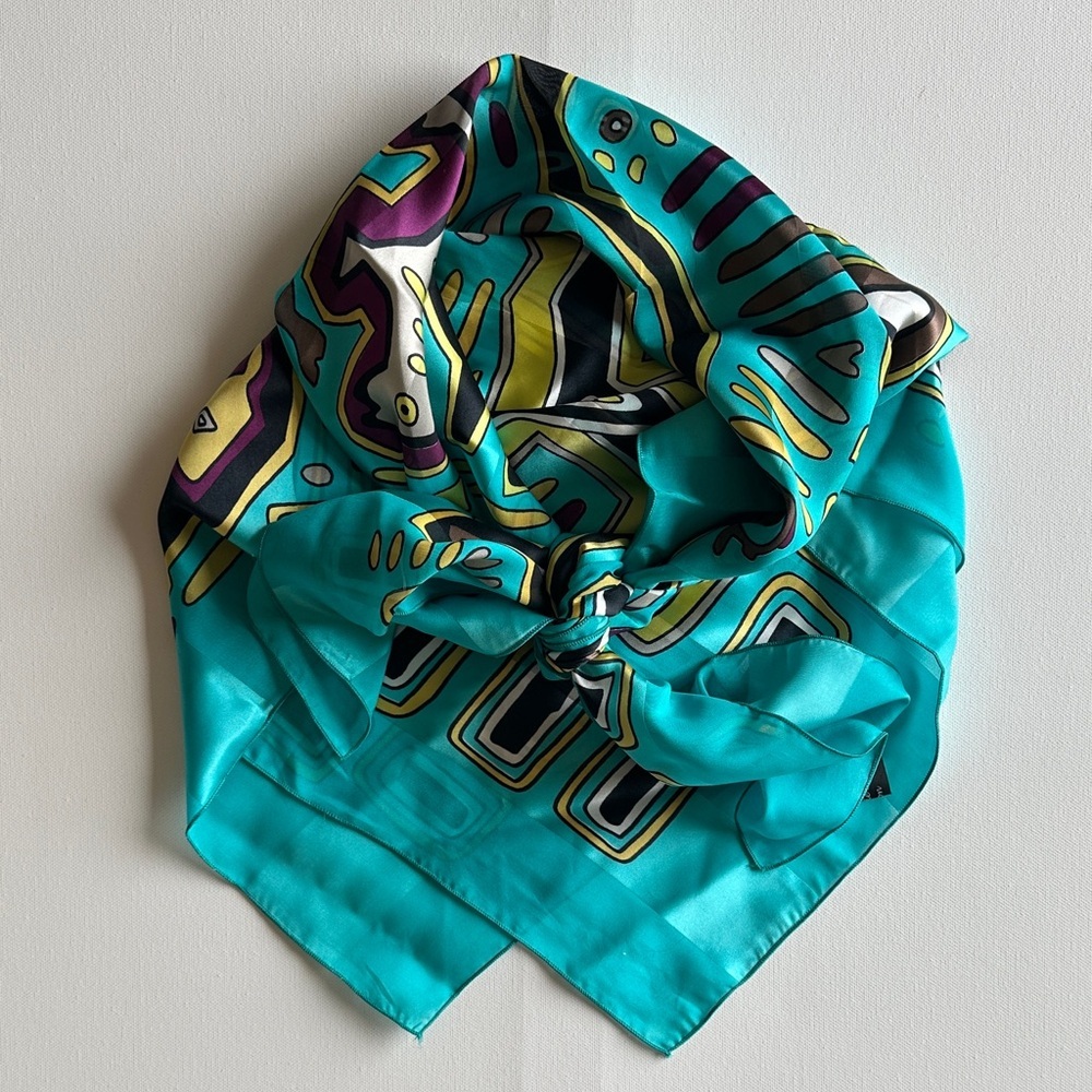 L’Atelier de Soierie Lyon Silk Scarf Teal Abstract Tribal Animal Print France